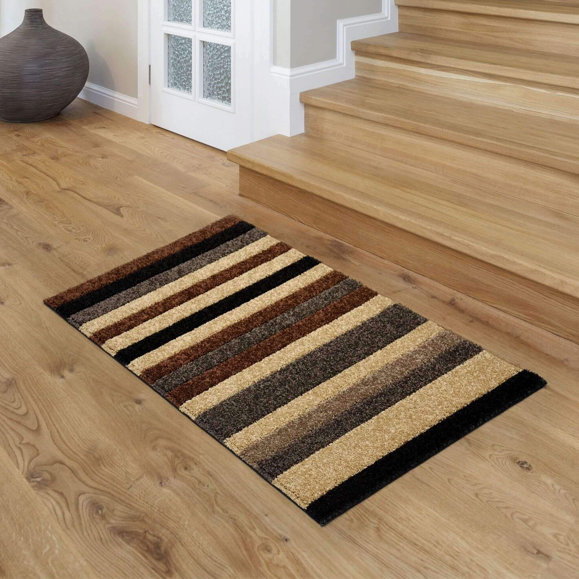 Brown and beige linea striped caramel washable rug with plush textured surface perfect for entrances