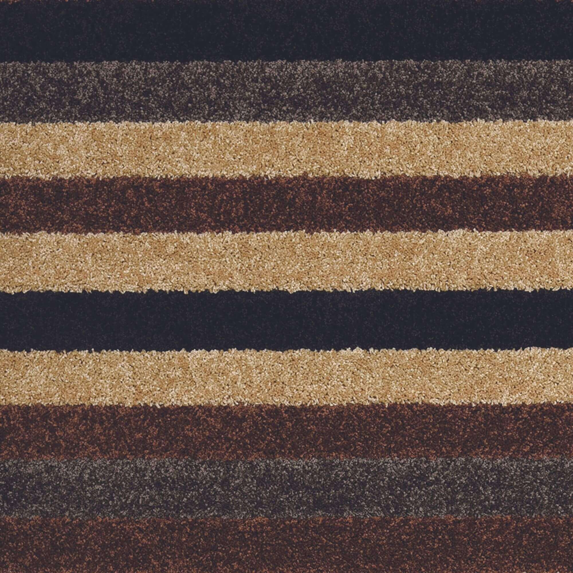 A plush linea striped caramel area rug with dark navy tan and brown horizontal stripes washable and cozy