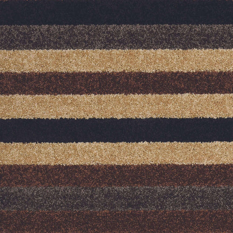 A plush linea striped caramel area rug with dark navy tan and brown horizontal stripes washable and cozy