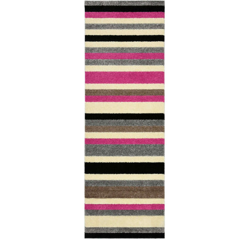 A linea striped pink washable rug with bold horizontal stripes in pink gray black and cream colors