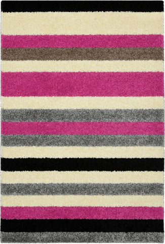 A linea striped pink plush area rug with bold magenta beige gray and black stripes, washable and stylish