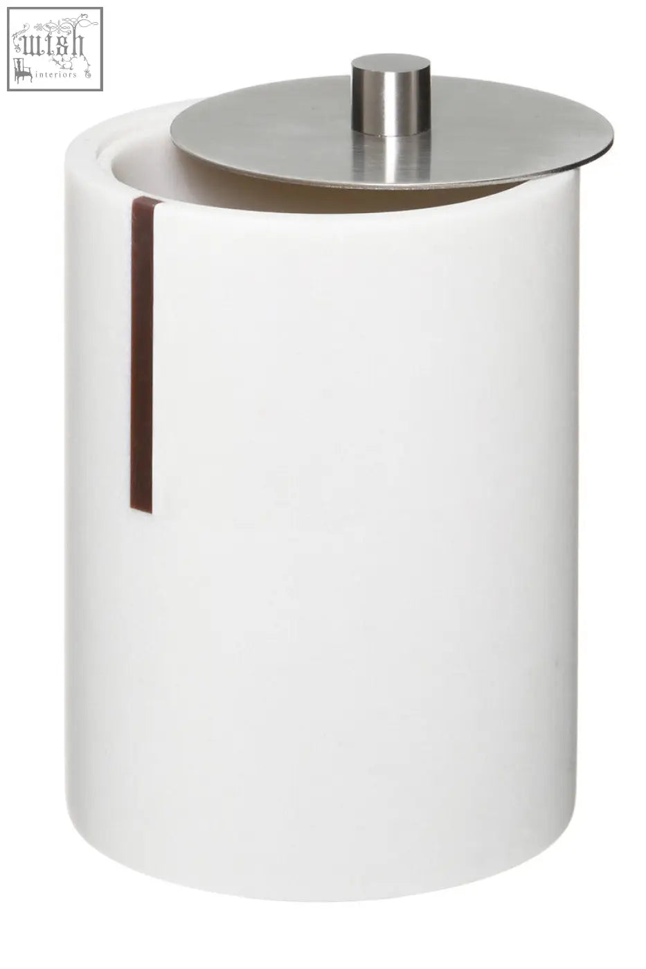 Linea white ceramic bud holder with metal lid and brown leather strip accent for stylish cotton bud storage