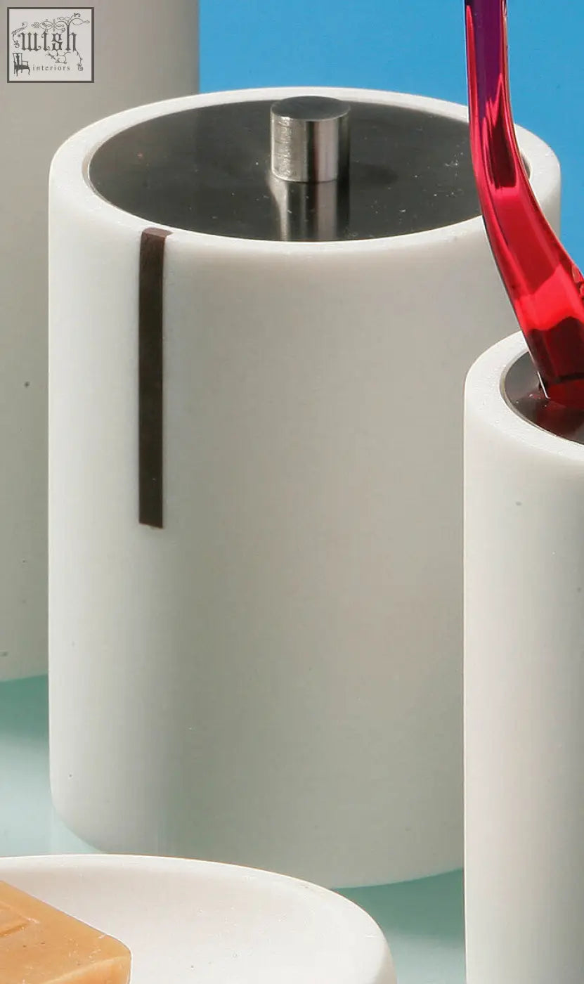 Linea white cotton bud holder with white cylindrical body, metal lid, silver knob, and vertical brown stripe