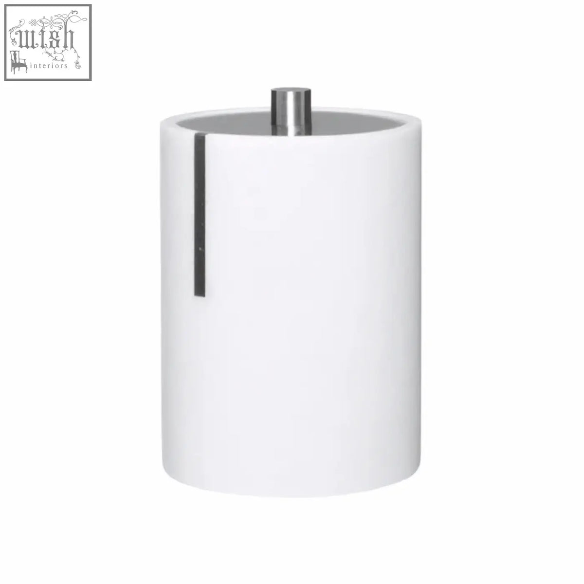 Linea white cotton bud holder with white cylindrical body and sleek silver metal lid featuring vertical accent strip