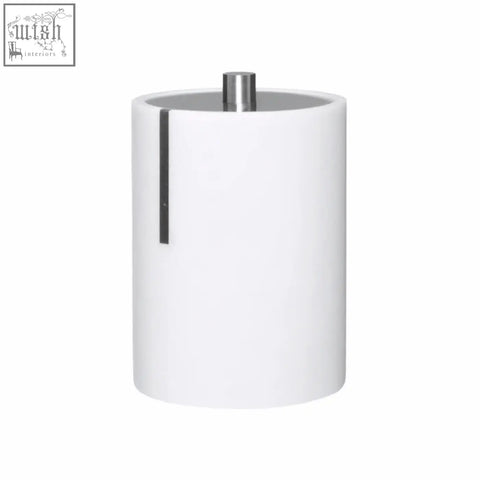 Linea white cotton bud holder with white cylindrical body and sleek silver metal lid featuring vertical accent strip