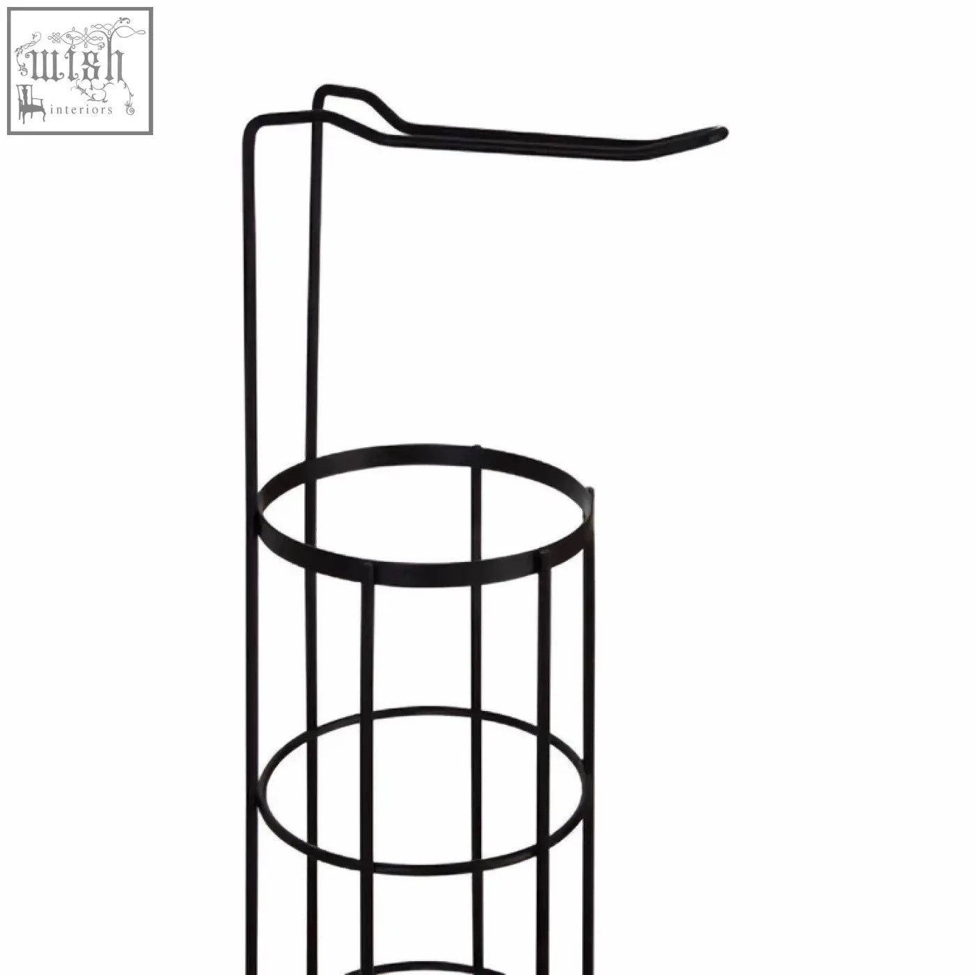 Linnea black toilet roll holder with curved top bar and cylindrical wire frame for black toilet storage