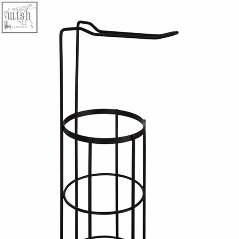 Linnea black toilet roll holder with curved top bar and cylindrical wire frame for black toilet storage