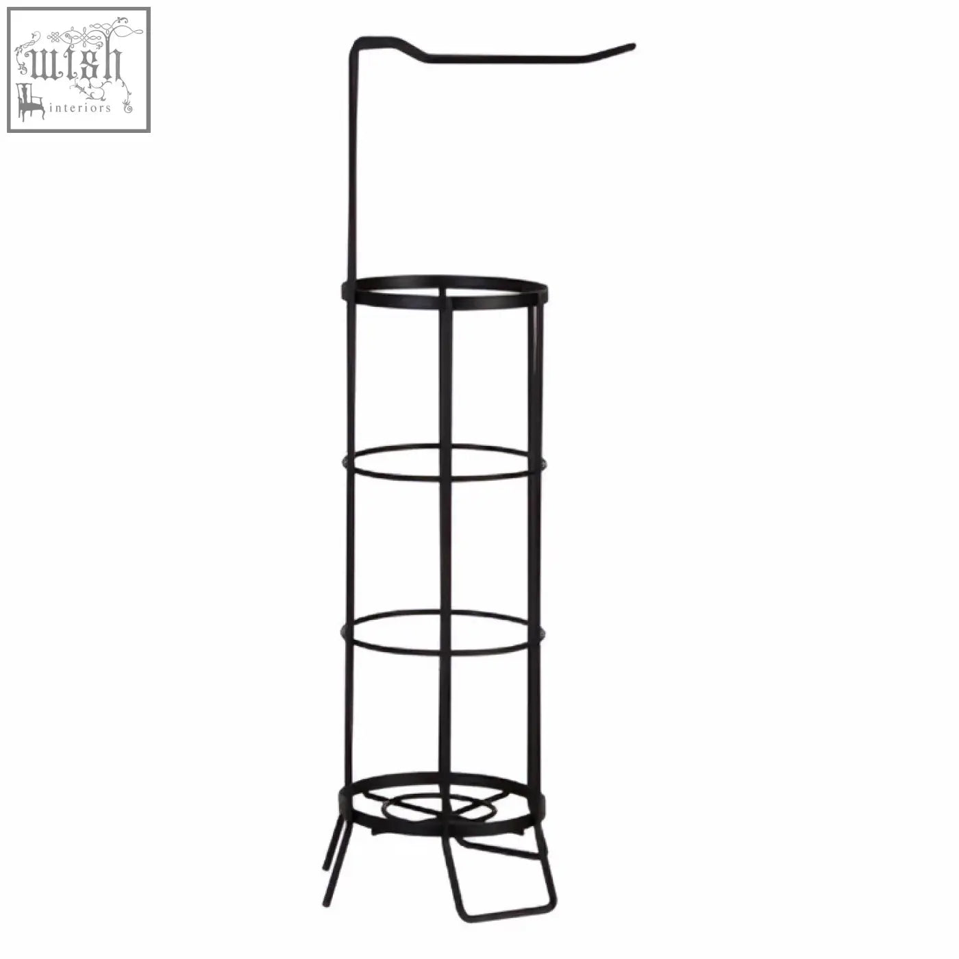 Linnea black toilet roll holder and storer with curved top rack and four circular shelves for black toilet roll storage