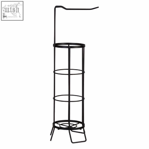 Linnea black toilet roll holder and storer with curved top rack and four circular shelves for black toilet roll storage