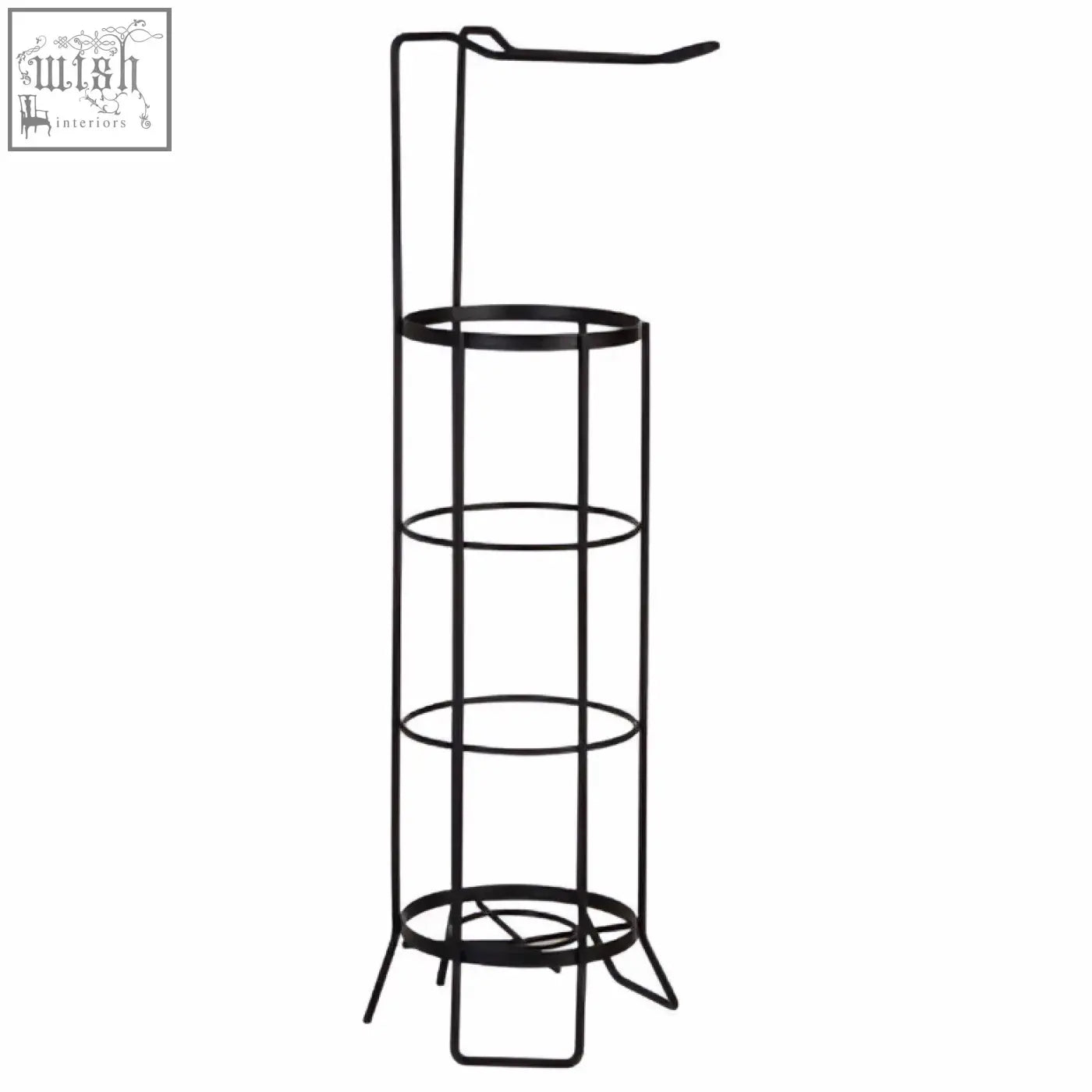 Linnea black toilet roll holder with tiered circular shelves and curved top rack for stylish black toilet storage