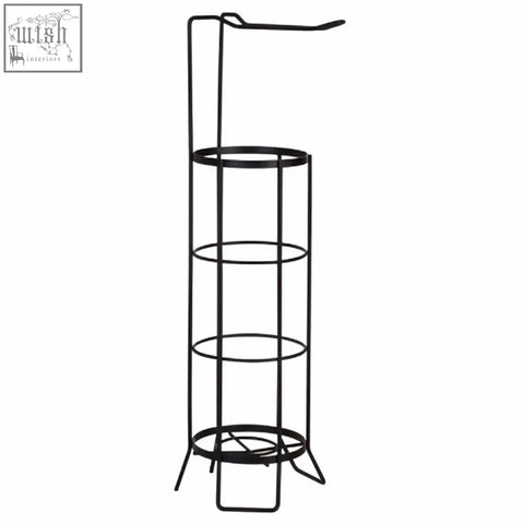 Linnea black toilet roll holder with tiered circular shelves and curved top rack for stylish black toilet storage