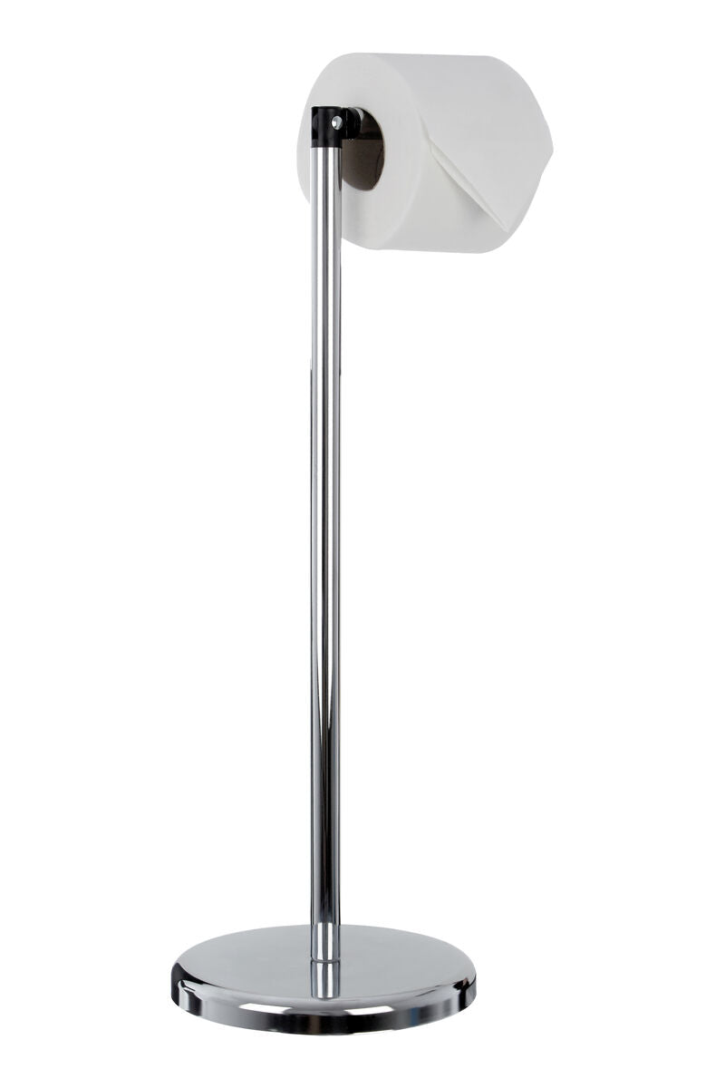 Linnea chrome toilet roll holder with sleek modern design holding a white toilet roll for bathroom use