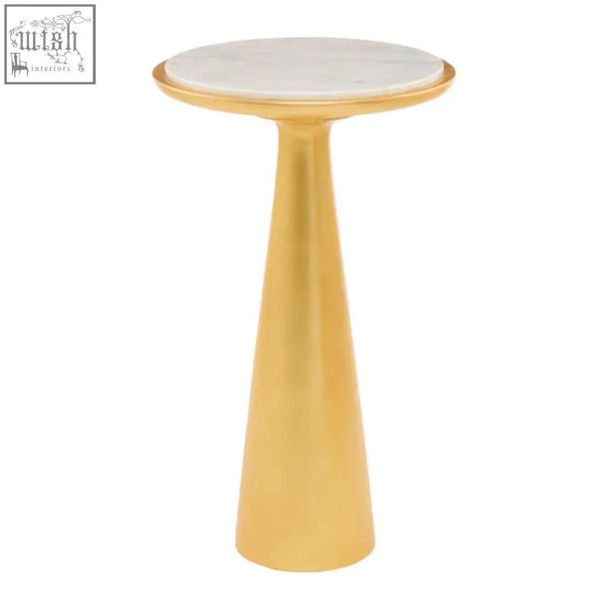 Lino large gold side table with a gold-finished pedestal base and a round white marble top for stylish living spaces