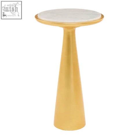 Lino large gold side table with a gold-finished pedestal base and a round white marble top for stylish living spaces