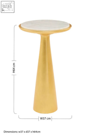 Lino large gold tapered pedestal side table with a round white marble top for stylish living spaces