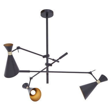 Linox 3 shade black and gold pendant with a geometric chandelier design and articulated gold arms