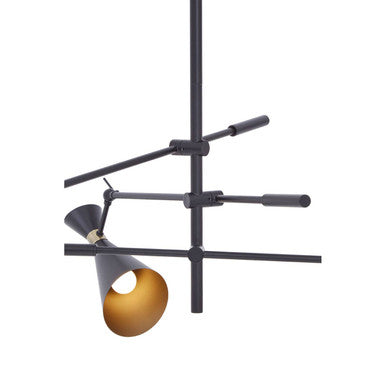 Linox 3 shade black and gold pendant features a black metal chandelier with gold-toned conical shades and articulated arms