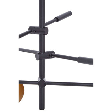 Black metal rack with horizontal bars and cylindrical handles for linox 3 shade black and gold pendant