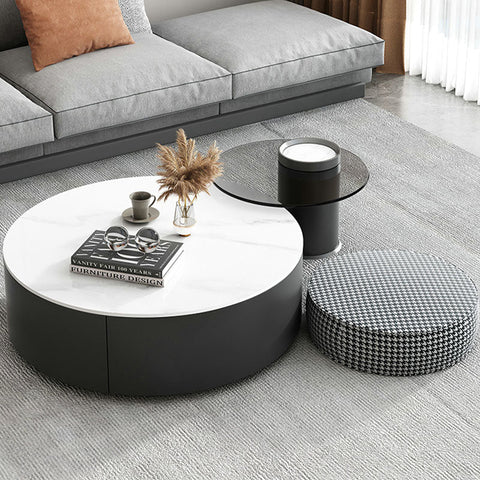 Modern round lionel nesting coffee table set with white marble top and black base for stylish living spaces