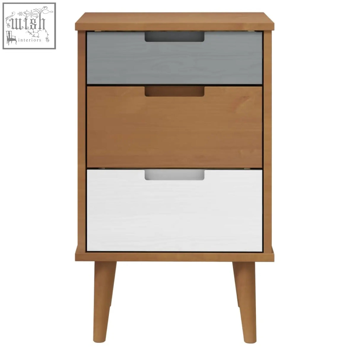 Modern liora pinewood 40cm bedside cabinet with solid pine wood frame and three-tone drawers in gray natural and white