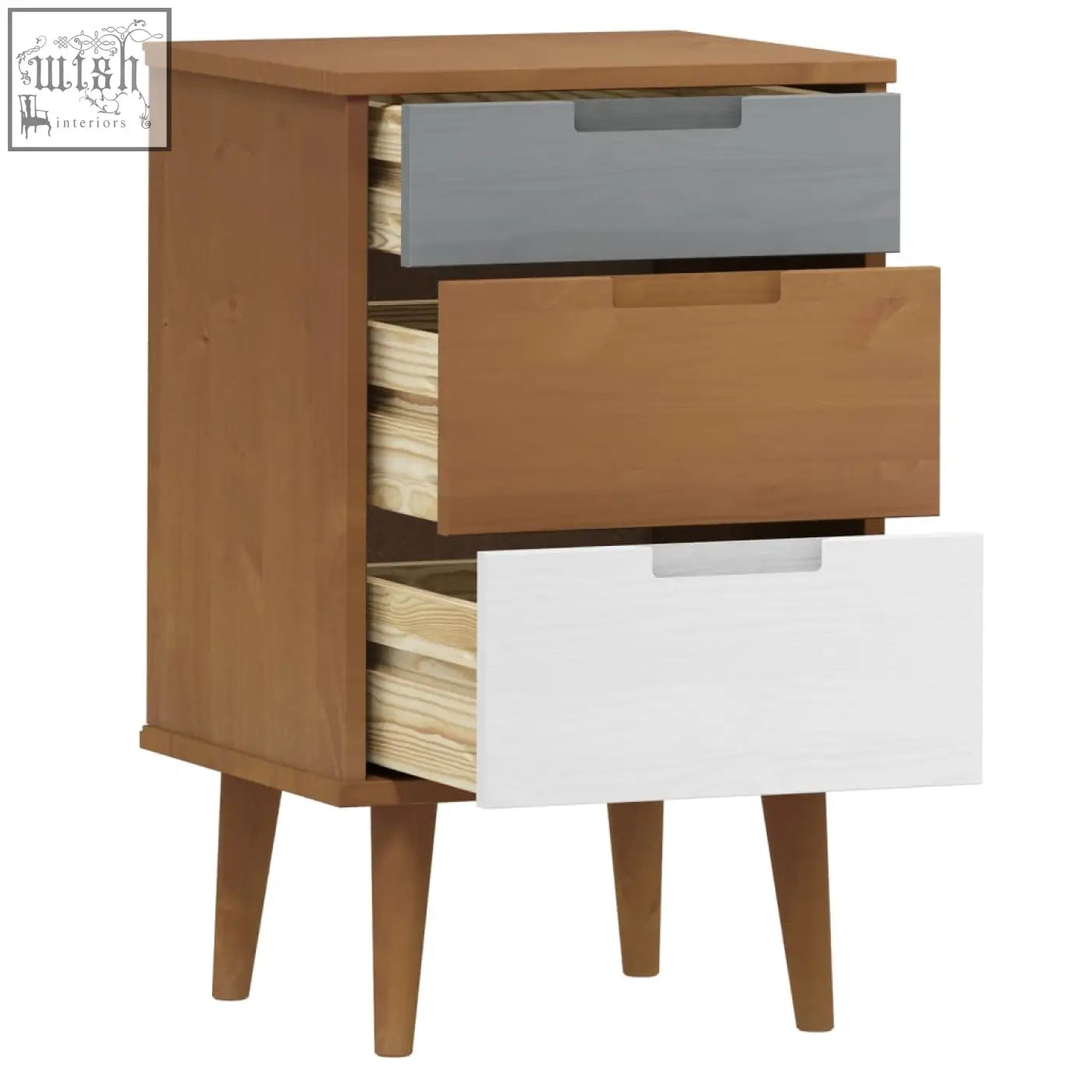 Modern bedside cabinet liora pinewood 40cm with solid pine wood frame warm finish and gray white drawers