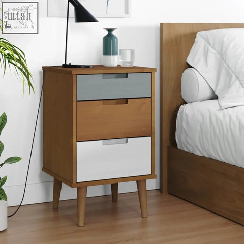 Modern wooden bedside cabinet liora pinewood 40cm with three drawers in solid pine wood natural gray and white finish