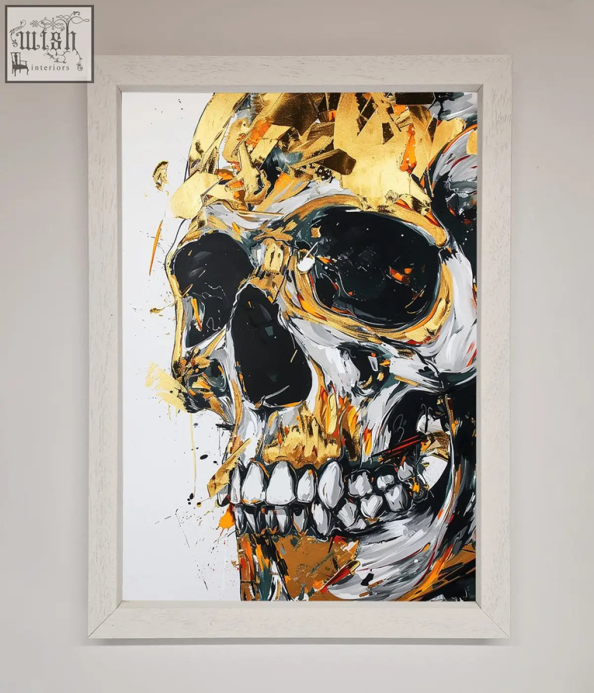A liquid gold skull framed print featuring a bold gold black and white acrylic abstract skull in a white wooden frame