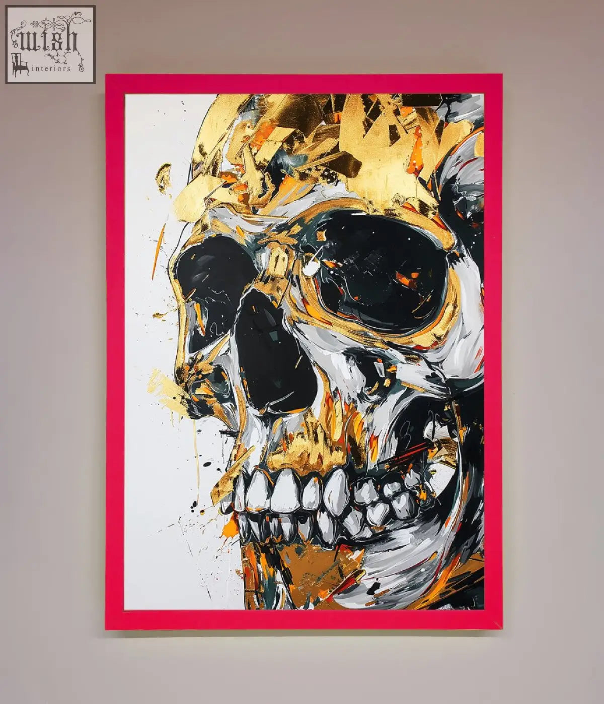 A vibrant liquid gold skull framed print with bold gold black and white brushstrokes in a red border