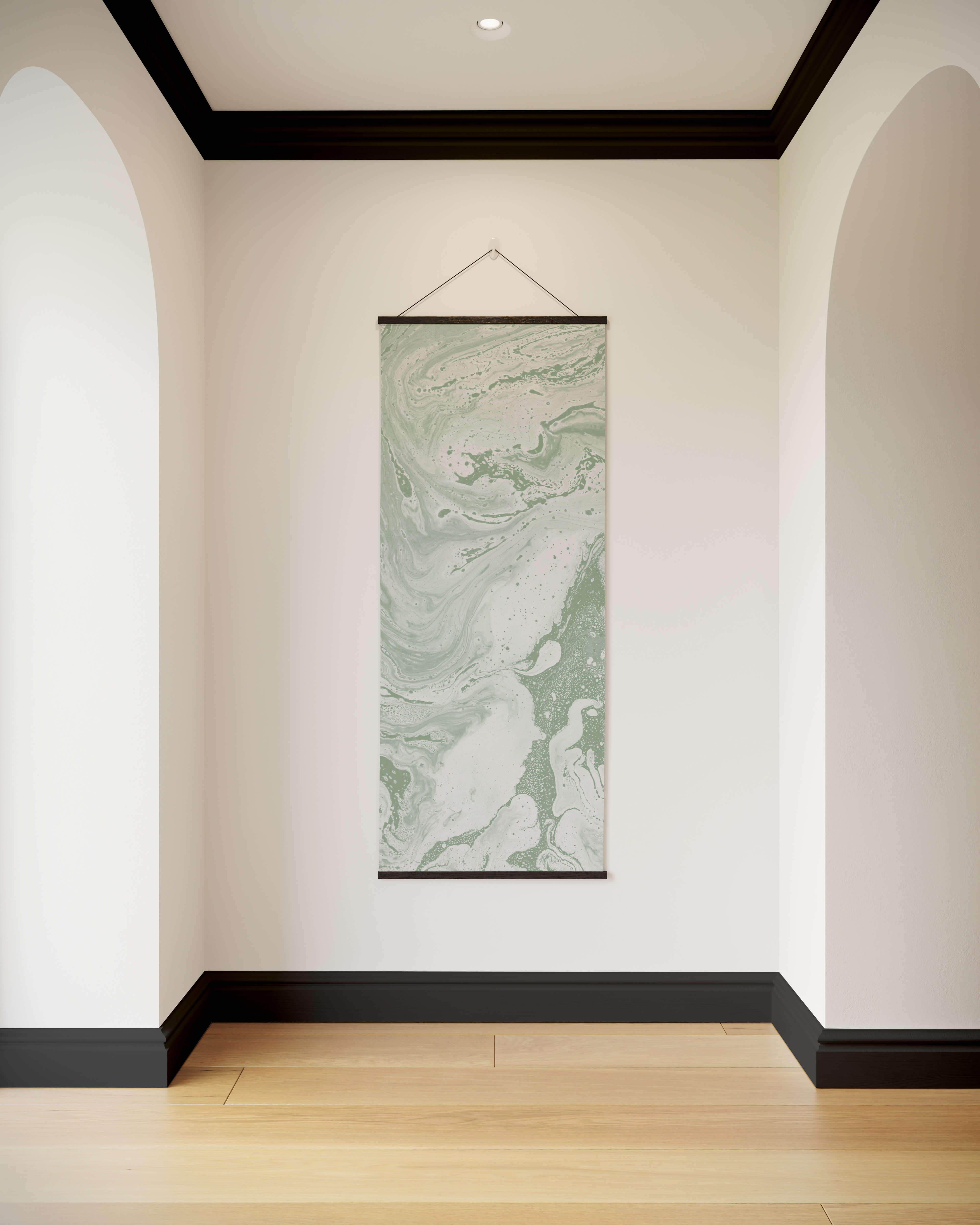 A minimalist liquid marble tapestry with swirling green and white marble pattern framed by sleek black borders hanging scroll