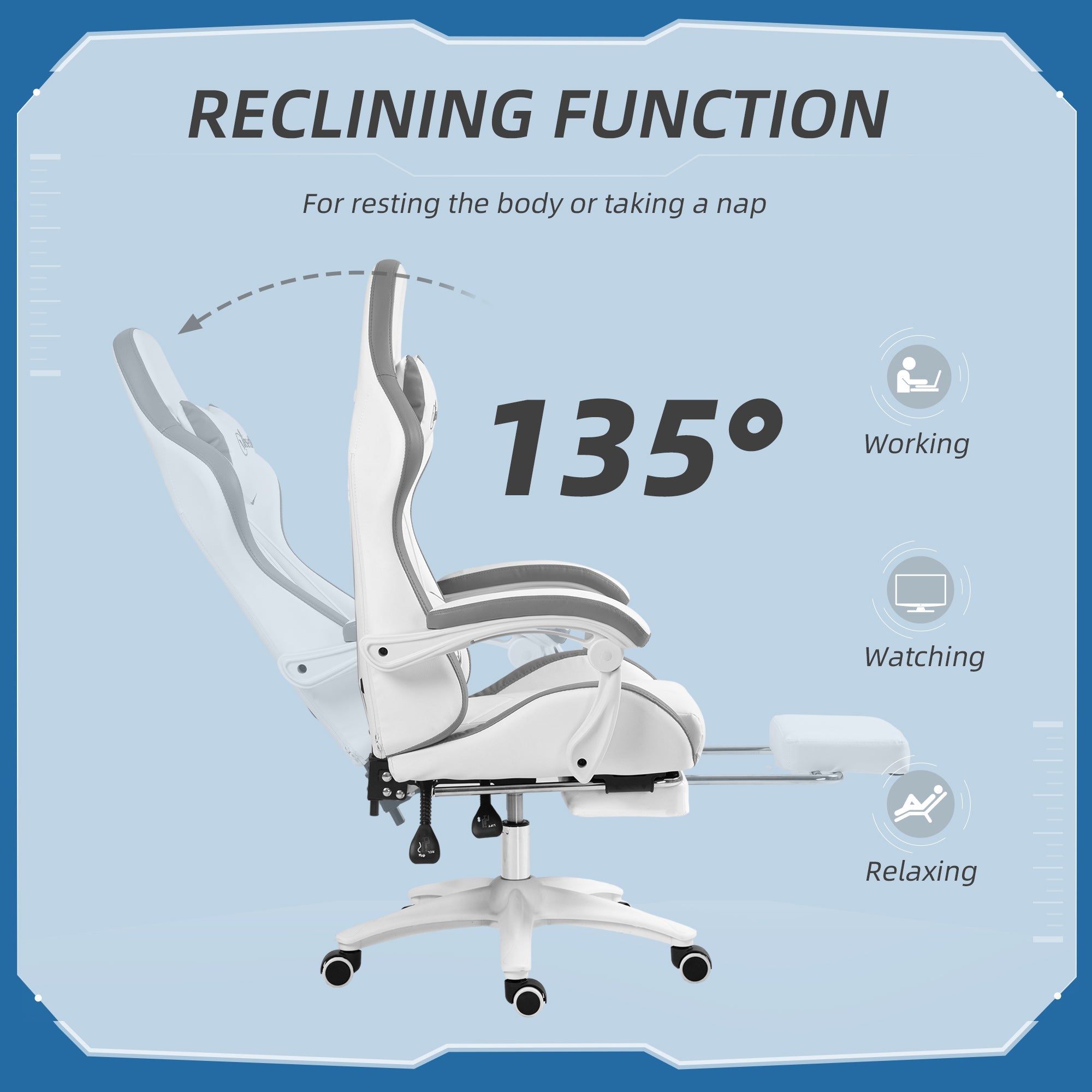 Vinsetto Computer Gaming Chair, PU Leather Desk Chair with Footrest, Swivel Task Chair with 135\'c2\'b0 Reclining Back and Lumbar Support, PC Chair for Adults, White and Grey