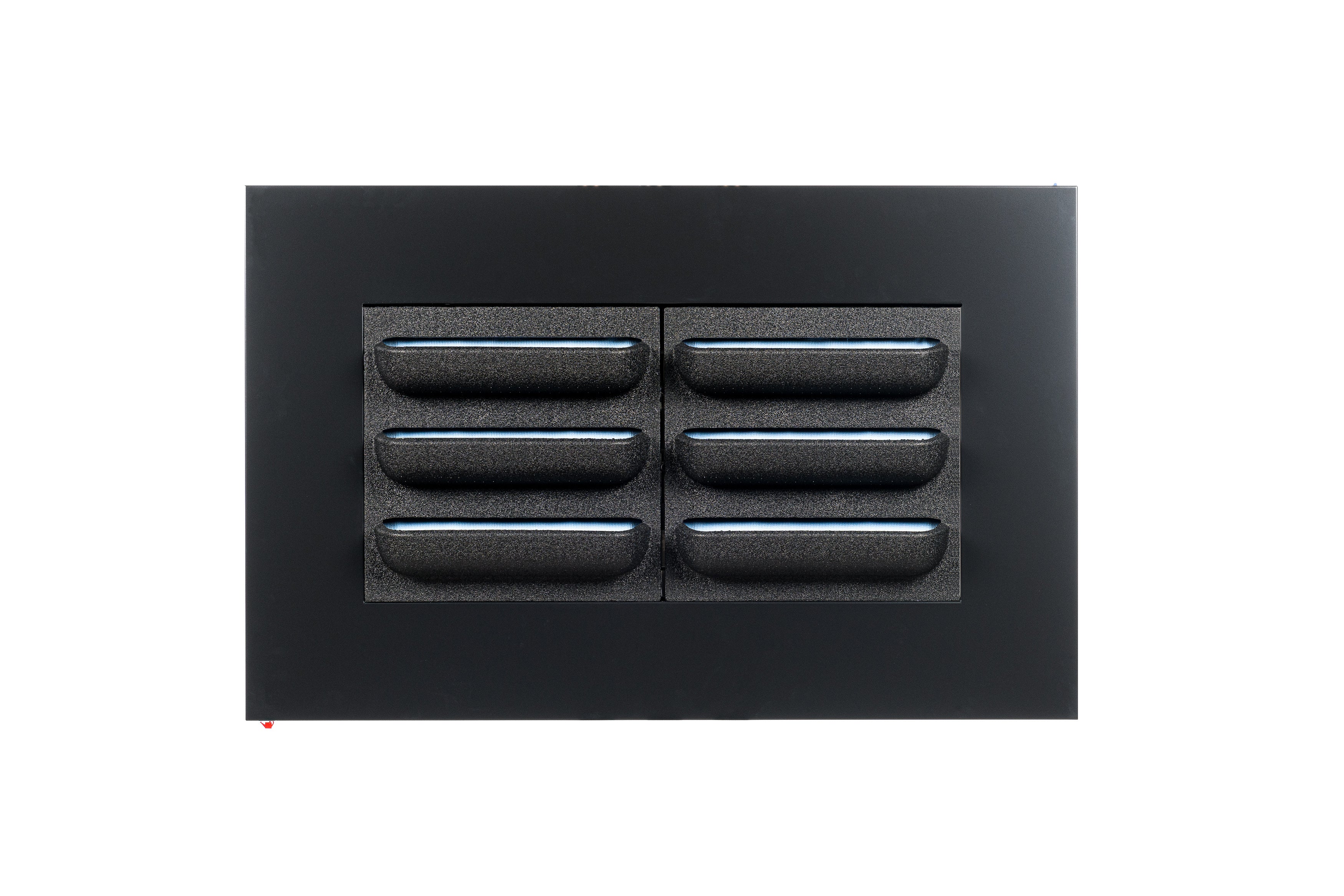 Backside of live picture living wall frame black 112cm showing black rectangular vent cover with six horizontal slats