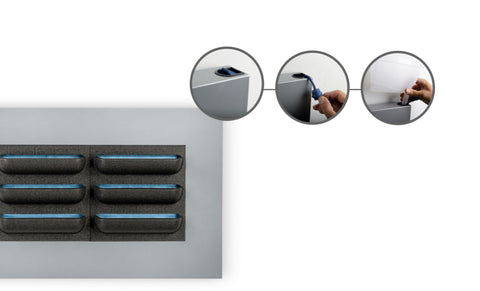 Gray rectangular live picture living wall frame with six blue accented horizontal slots mounted on black wall