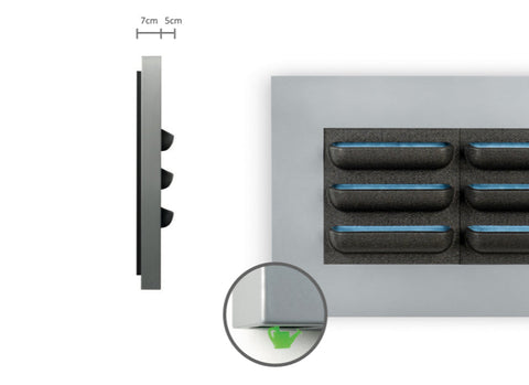 Gray rectangular wall-mounted switch panel with six black toggle switches and blue illuminated edges for live picture frame