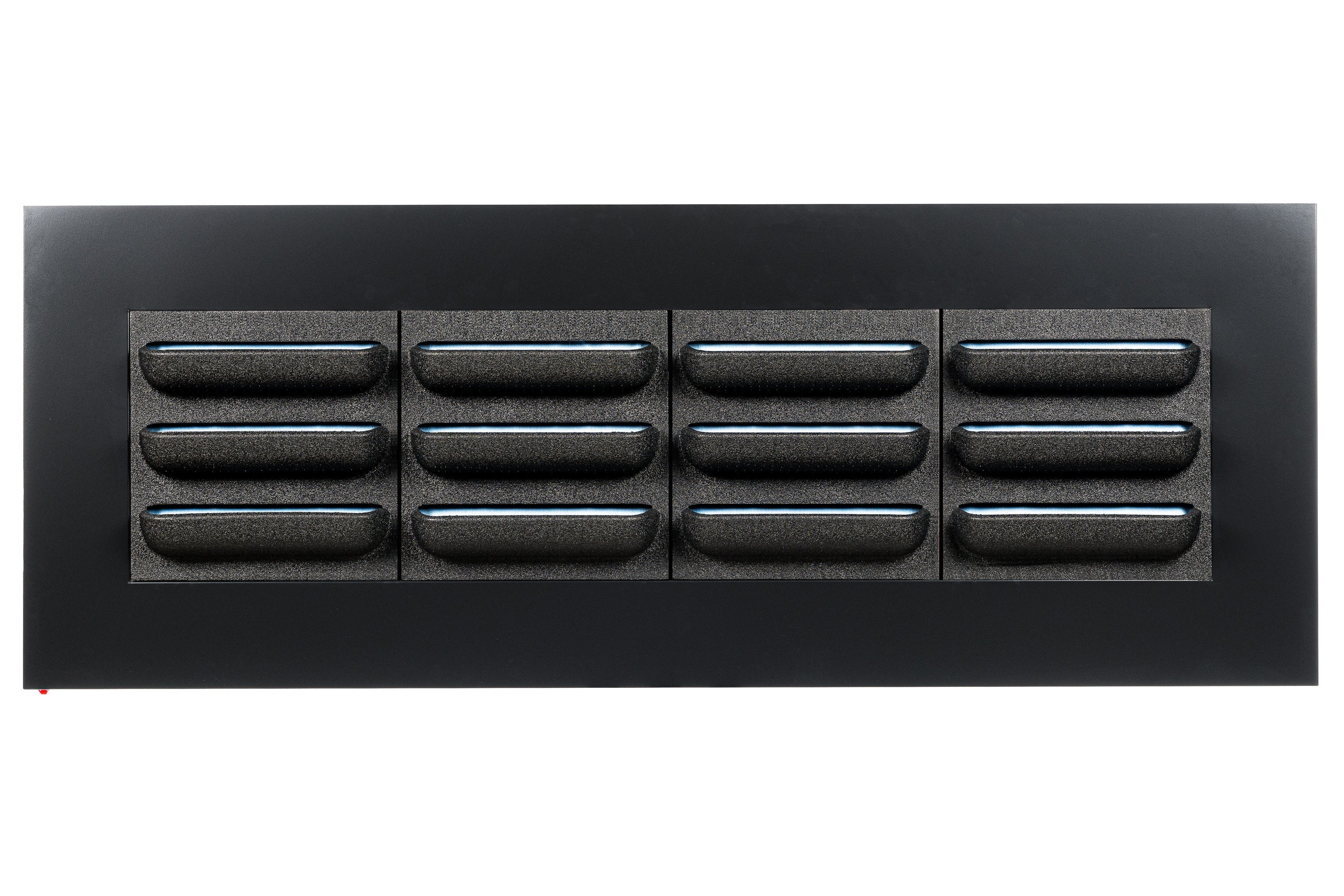 Backside of black live picture living wall frame with rectangular vent and four rows of horizontal slats