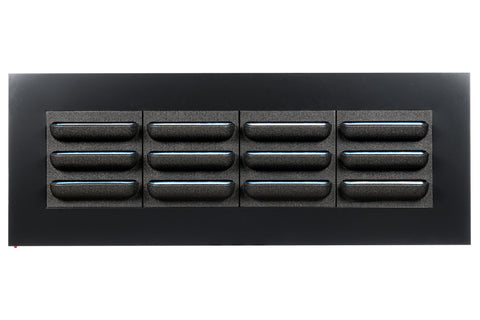 Backside of black live picture living wall frame with rectangular vent and four rows of horizontal slats