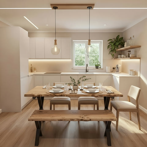 Light wood waney edge dining table with black x cross metal legs and matching bench for stylish edge dining
