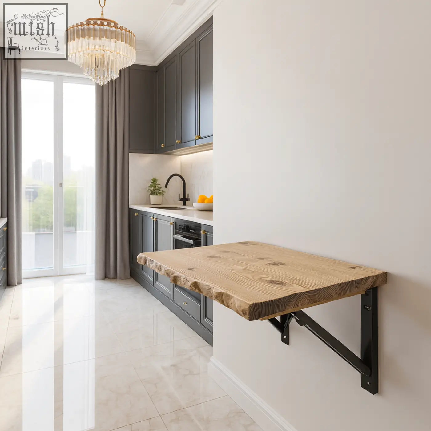 Rustic light wood live edge foldable wall-mounted table with black metal brackets perfect for small spaces