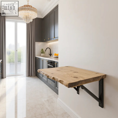 Rustic light wood live edge foldable wall-mounted table with black metal brackets perfect for small spaces