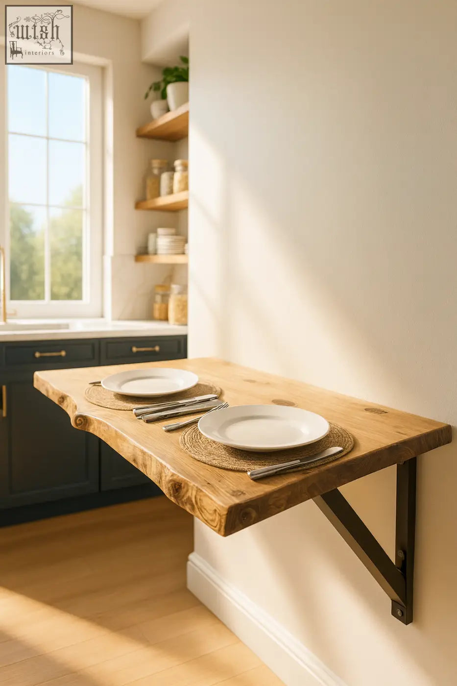 A rustic light brown live edge foldable wall-mounted solid wood table with heavy-duty black metal brackets
