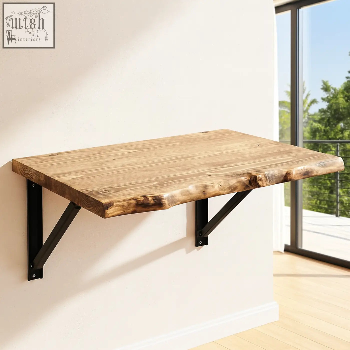 Rustic live edge foldable wooden wall-mounted table with black metal brackets perfect for small spaces and offices