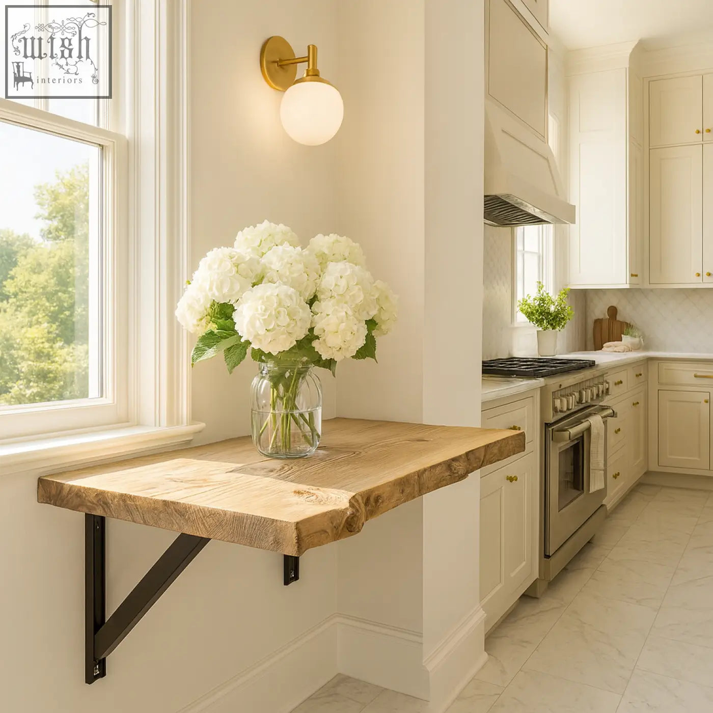 A live edge foldable solid wood table with heavy-duty black brackets holds a clear jar of white hydrangeas