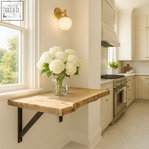 A live edge foldable solid wood table with heavy-duty black brackets holds a clear jar of white hydrangeas