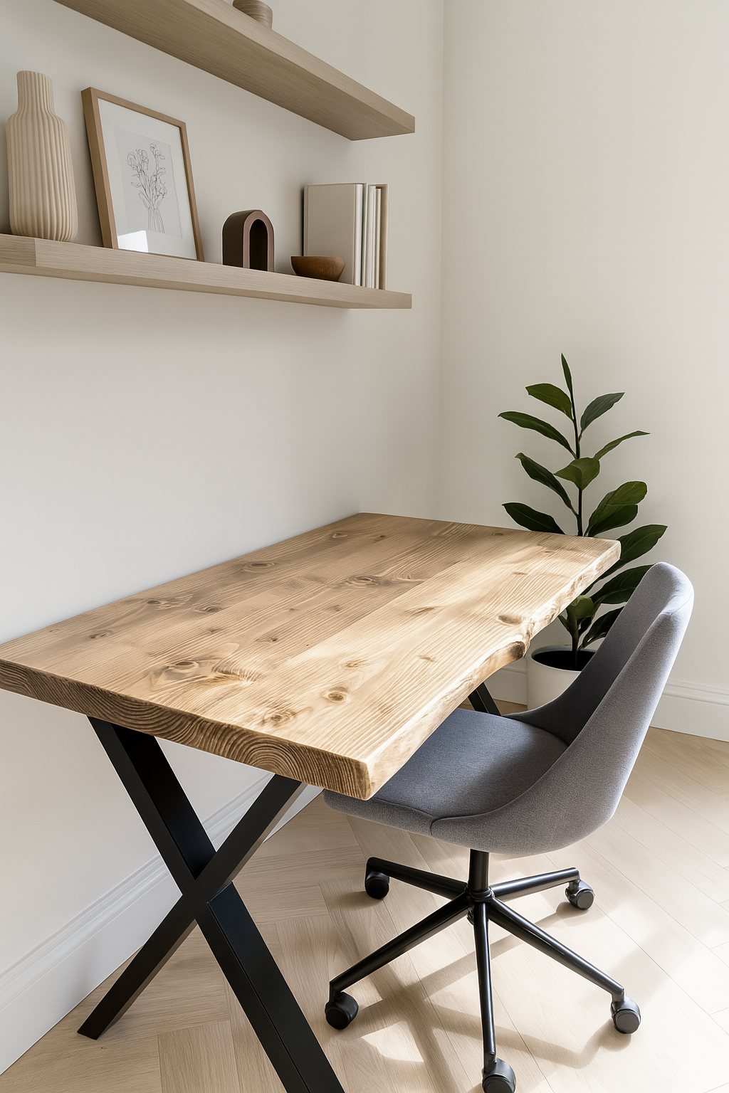 Light-colored waney edge study desk with black x cross metal legs perfect for a stylish workspace setup