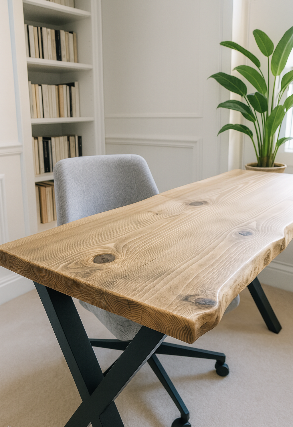 Light brown wooden waney edge study desk with natural live edge and black x cross metal legs