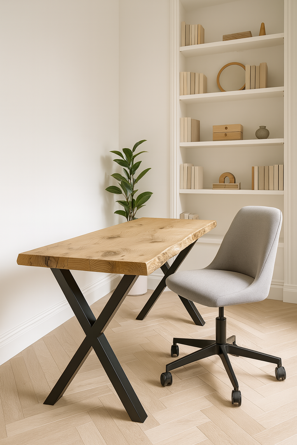 Light wood waney edge study desk with black x cross metal legs perfect for home office or study space