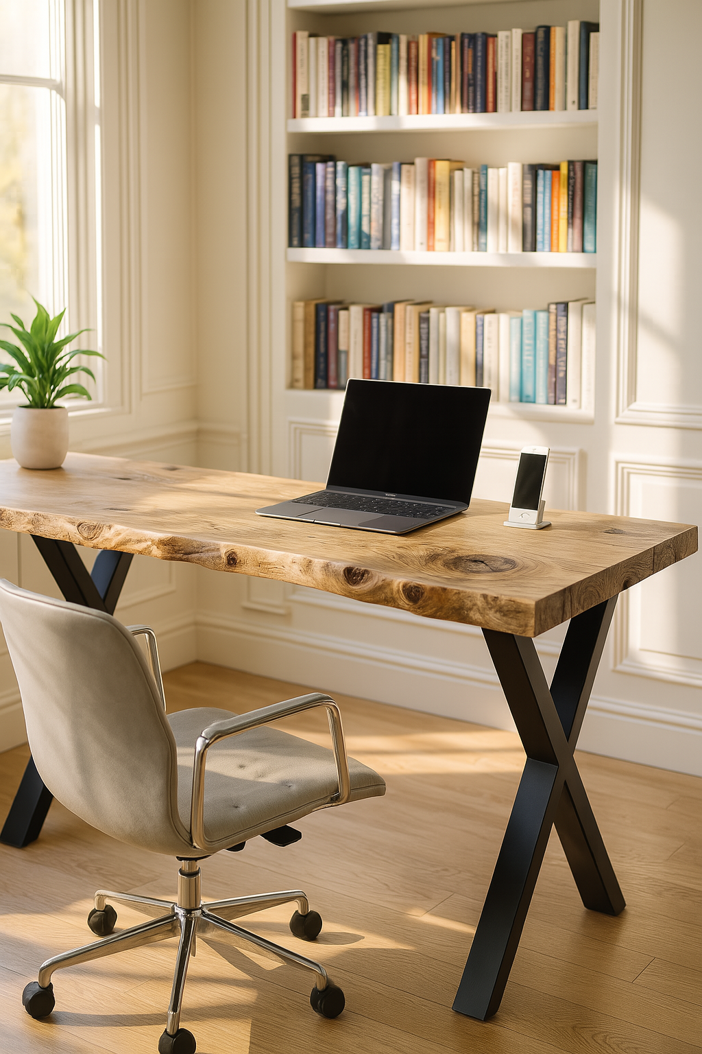 Rustic waney edge study desk with natural wood grain top and black x cross metal legs for home office use
