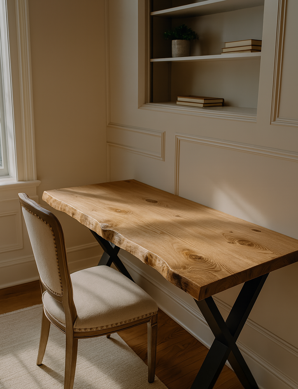 A rustic live waney edge study desk with natural wood finish and black x cross metal legs perfect for any space