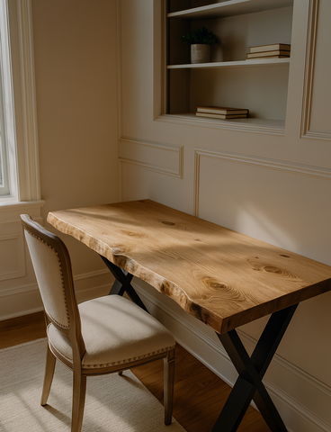 A rustic live waney edge study desk with natural wood finish and black x cross metal legs perfect for any space