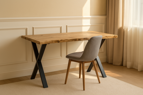 A rustic wooden waney edge study desk with live edge top and black x cross metal legs for workspace use