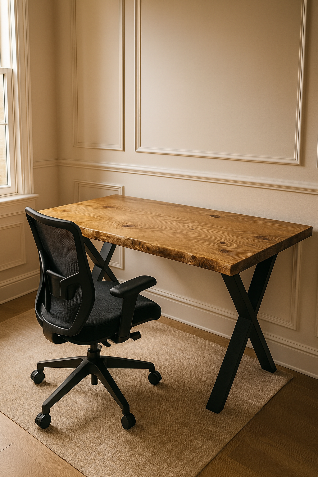 A sleek black mesh office chair with casters beside a waney edge study desk with x cross metal legs